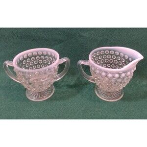 Vintage Fenton Clear Glass Hobnail French Opalescent Cream & Sugar Moonstone Set